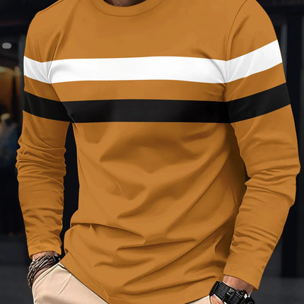 2025 Autumn/Winter Fashion Men's Long Sleeve Round Neck Splicing T-shirt Business Anti Wrinkle Street Wear Casual Top PlatiNum