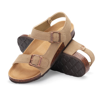 Eyriphy New Women Open Toe Leopard Slides With Adjustable Buckle Classic Flat Sandals Casual Cork Footbed Women's Slippers