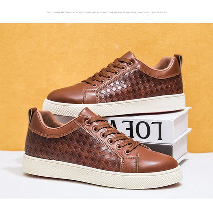 Men Low Top Leather Casual Shoes Lace-up Fashion Sneakers Black Embossed Plaid Upper Non Slip Flat Daily Wear Board Footwear