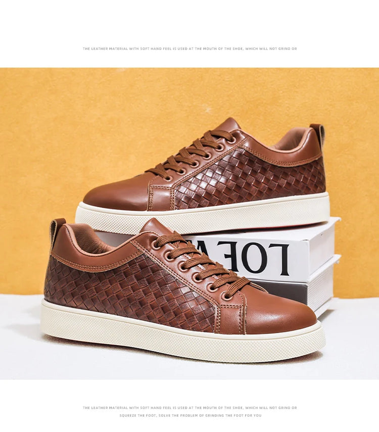 Men Low Top Leather Casual Shoes Lace-up Fashion Sneakers Black Embossed Plaid Upper Non Slip Flat Daily Wear Board Footwear