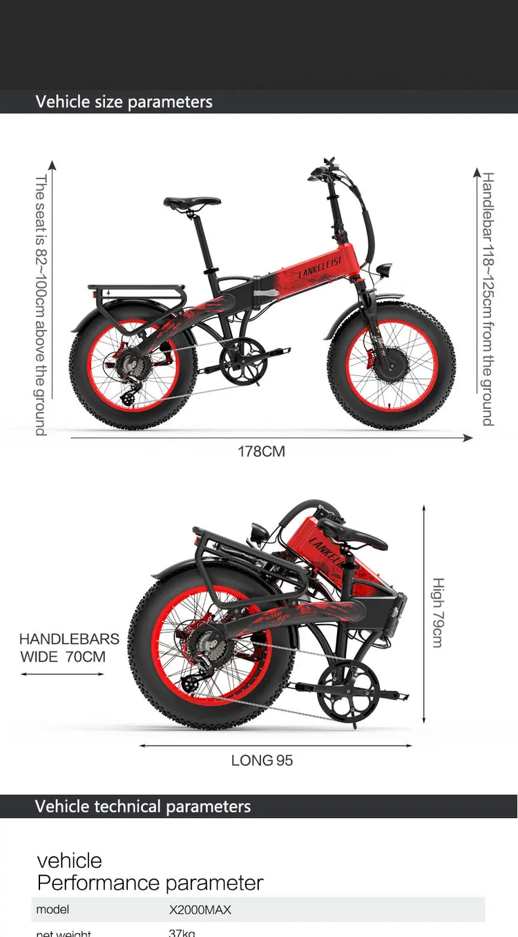 LANKELEISI X2000MAX E-Bicicletta per adulti 2000W 48V20AH City Ebicycle Pneumatico da 20 pollici Non pieghevole Strumento LCD Bicicletta elettrica