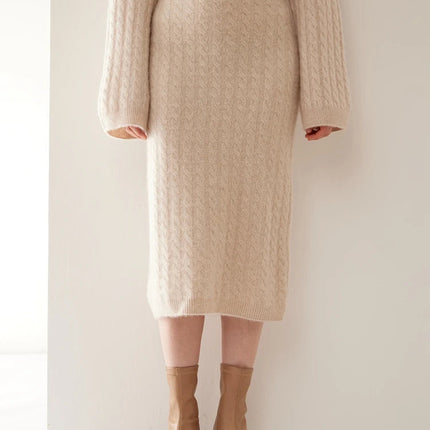 Autumn Winter 100% Cashmere Skirt Women Soild Mid-calf  High Waist Twist Flower Fit Slimming Knitted Dress  Light Luxury Elegant PlatiNum