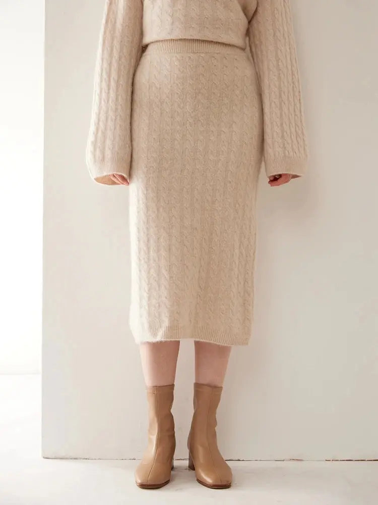 Autumn Winter 100% Cashmere Skirt Women Soild Mid-calf  High Waist Twist Flower Fit Slimming Knitted Dress  Light Luxury Elegant PlatiNum