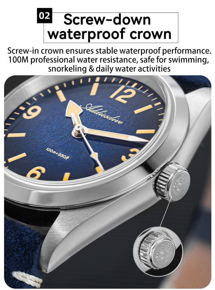 ADDIESDIVE New Quartz Watch Luxury Sapphire 2035 Movement 36mm Men Watch C3 Luminous Diving 100m Waterproof 316L Stainless Steel