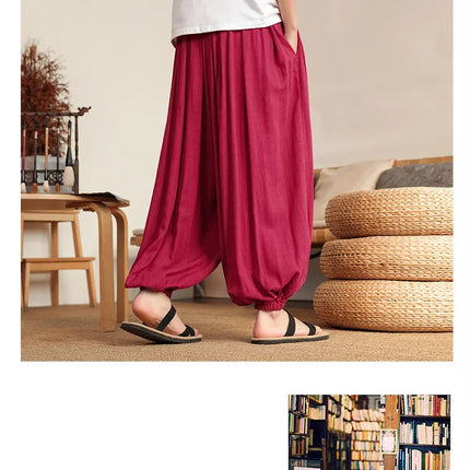 Pantaloni Larghi in Lino da Uomo, Tinta Unita, Casual e Comodi, Stile Harun, Moda Harajuku, Taglie Fino alla 8XL