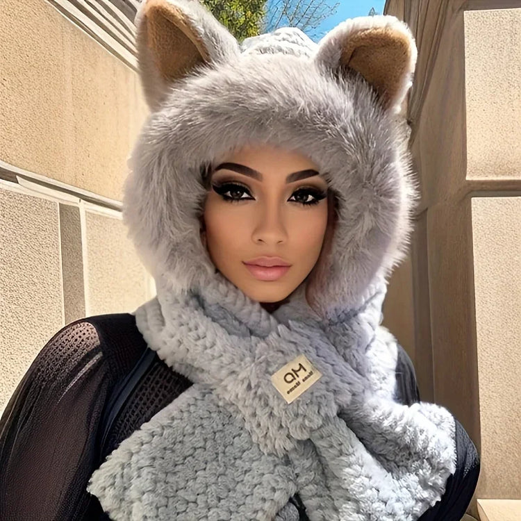 1Pc Women Cat Ear Pom‑Pom Beanie Hat, Soft Fleece‑Lined Winter Cute Animal‑Themed Festival Cap for Christmas Gifts