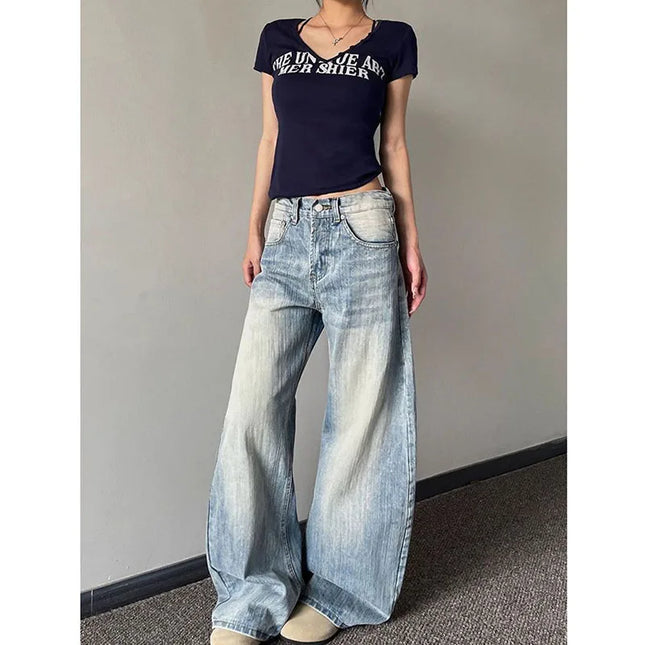 Women's Vintage Jeans, Retro American Style, Y2k Wide Leg, High Waist, Light Blue, Cowboy Pants