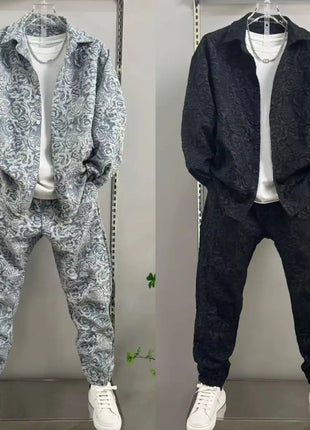 New Spring and Autumn Men's Casual Suit Lapel Jacquard Shirt Trousers Two-piece Set Comfortable Loose PlatiNum