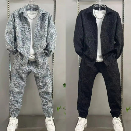 New Spring and Autumn Men's Casual Suit Lapel Jacquard Shirt Trousers Two-piece Set Comfortable Loose PlatiNum