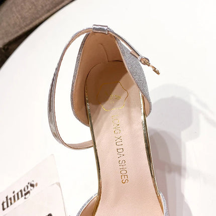 Bling Gold Silver Women Pumps 2023 Sexy Point Toe Thin Heel Party Wedding Shoes Womens Summer Ankle Strap 8cm High Heels Shoes PlatiNum