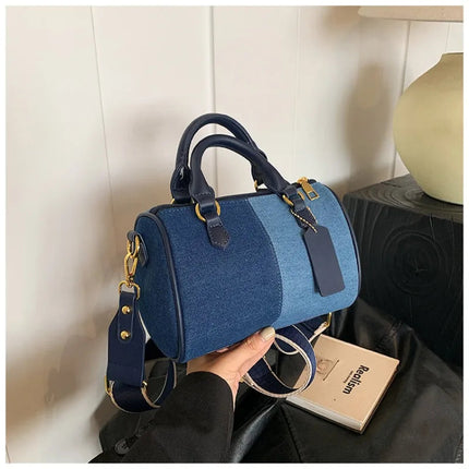 Patchwork Colorblock Mini Handbags For Women Denim Shoulder Cross Body Bags Casual Street Small Boston Bag 2025 Designer Purses PlatiNum