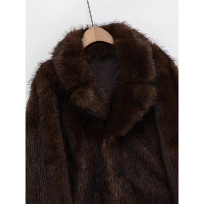 New in Reversible Double-faced Faux Fur Jacket for Women Stylish Lapel Collar Crossover Button-up Outwears Winter Brown Overcoat