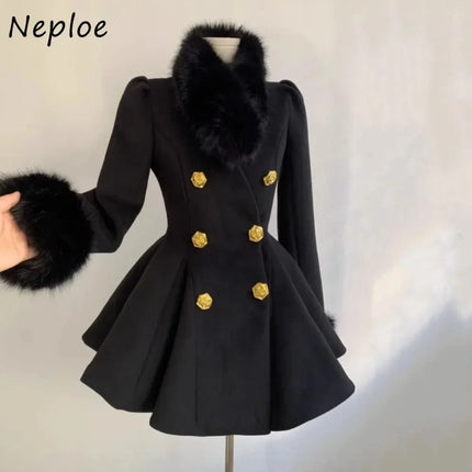 Neploe Elegant Small Fragrance Celebrity Loose Coat Moda Woolen Winter French Style Vintage Blends Slim Waist Mid-length Outwear