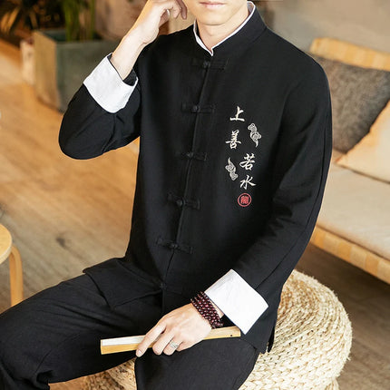 Camicie a maniche lunghe da uomo Ricamo tradizionale in cotone e lino Casual Tang Suit Cardigan da uomo Camicette Kung Fu retrò stile cinese da uomo