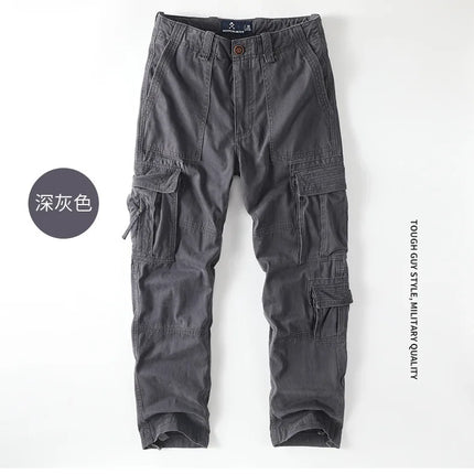 American Style Men's Heavyweight Cotton Cargo Pants Multi-Pocket Casual Loose Straight-Leg Work Trousers Outdoor Jogger Pants