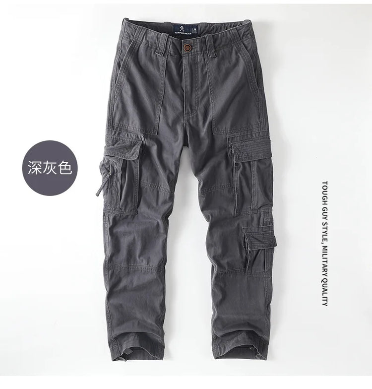 American Style Men's Heavyweight Cotton Cargo Pants Multi-Pocket Casual Loose Straight-Leg Work Trousers Outdoor Jogger Pants