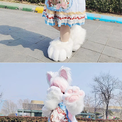 Long Plush Cat Ear Hat Fox Ear Double Braid Caps Cute Lolita Anime Fall Winter Cap Y2K Anime Cosplay Accessories