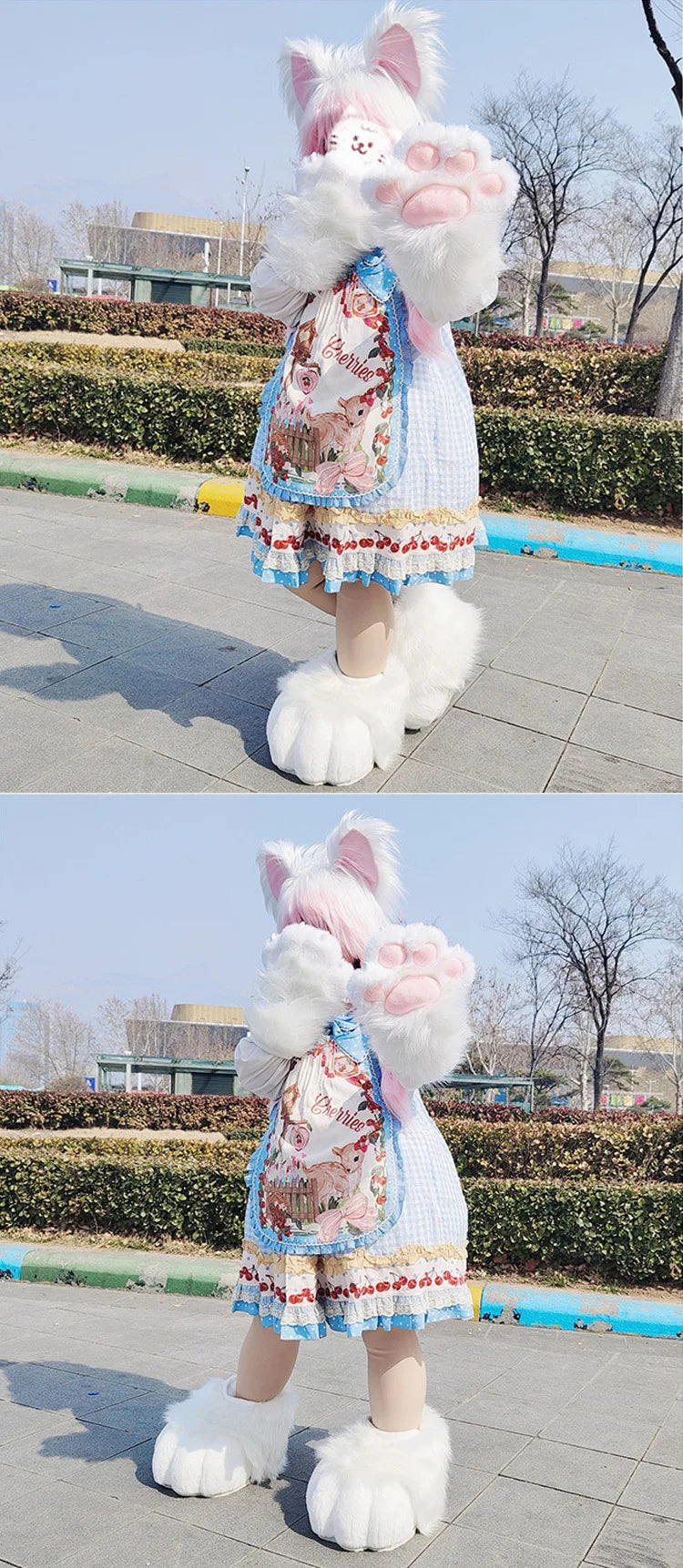 Long Plush Cat Ear Hat Fox Ear Double Braid Caps Cute Lolita Anime Fall Winter Cap Y2K Anime Cosplay Accessories