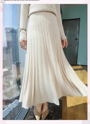 Autumn And Winter Fashion Mink Cashmere Mid Length High Waist Skirt For Women, Knitted Umbrella Skirt, Fashionable Pleated Skirt PlatiNum