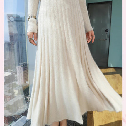 Autumn And Winter Fashion Mink Cashmere Mid Length High Waist Skirt For Women, Knitted Umbrella Skirt, Fashionable Pleated Skirt PlatiNum