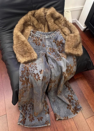 Jeans a gamba larga da donna con ricamo floreale retrò americano, nuovi per la primavera, vestibilità ampia e snellente, pantaloni a tubo dritto, stile per coppie, lunghezza al pavimento