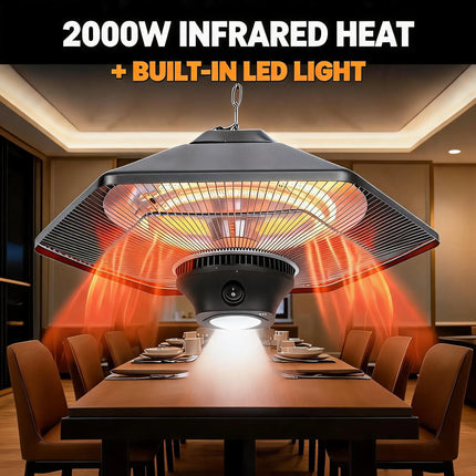 2000W Ceiling Patio Heater with LED Light, Dual Carbon Fiber Tube 3 Speed Adjustable Power Steel Shell Electric Infrared Heater, Touch & Remote Control, 50cm Hanging Chain for Outdoor Indoor Use