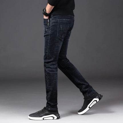 Winter Men Thermal Jeans Snow Warm Stretch Straight Jeans Man Fleece Denim Long Pants Narrow Leg Slim Fit Blue Black Trousers