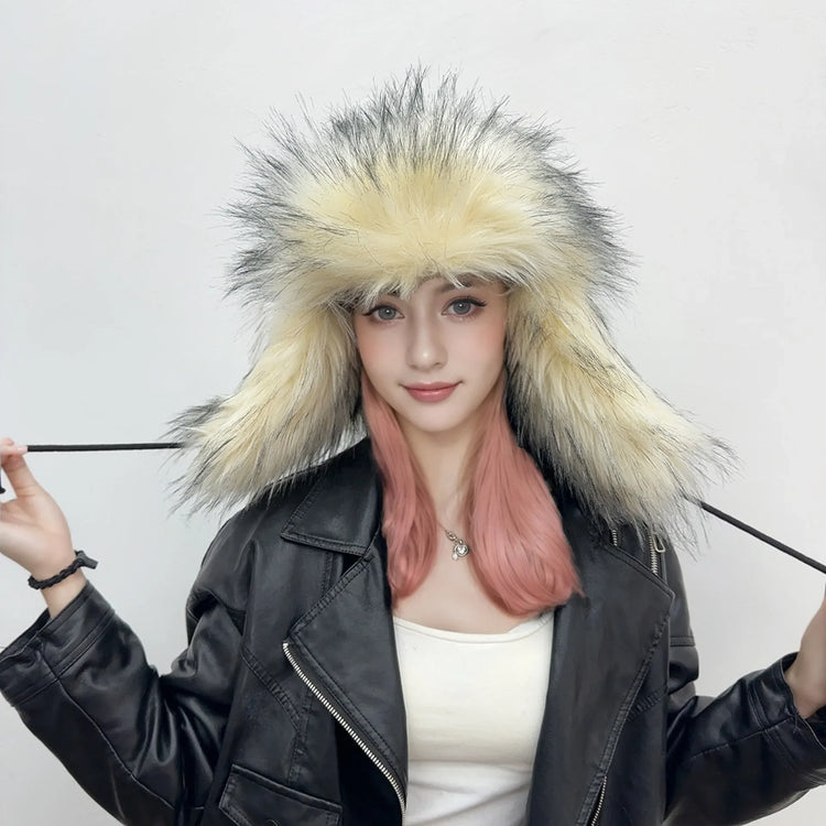 Y2K Fluffy Popular Russian Female Round Earflap Cap Faux Fur Winter Warm Hat For Women Faux Fox Raccoon Fur Beanies Bomber Gorra