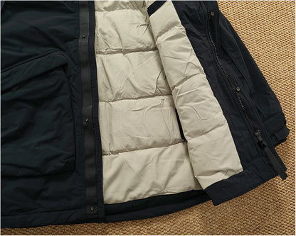 Piumino cargo imbottito in piuma d'anatra di media lunghezza retrò americano nuovo inverno con cappuccio Trench oversize spesso alla moda da uomo