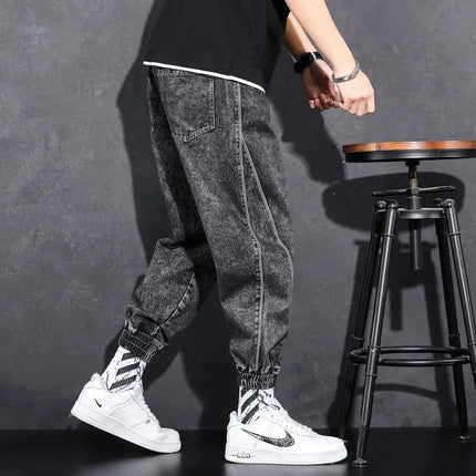 Loose Elastic Waist Denim Jeans for Men 2024 Fashion Casual Spring Workwear Foot-Tied Pants with Brand Workwear Baggy Trousers PlatiNum