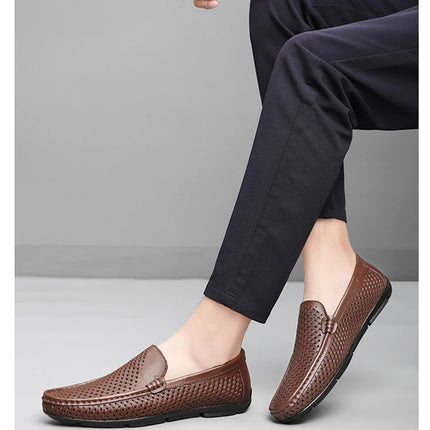 Mocassini da uomo in vera pelle traspirante con suola in gomma, scarpe casual slip-on, mocassini da uomo traforati