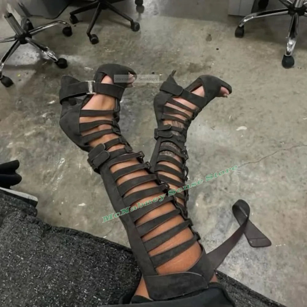 Straps Hollow Knee High Sandals Open Toe Stiletto Heels Buckles Sexy Style Sandals Women Shoes Solid Stiletto Heels Summer Shoes