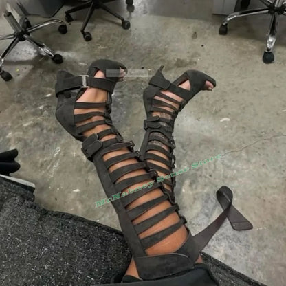Straps Hollow Knee High Sandals Open Toe Stiletto Heels Buckles Sexy Style Sandals Women Shoes Solid Stiletto Heels Summer Shoes