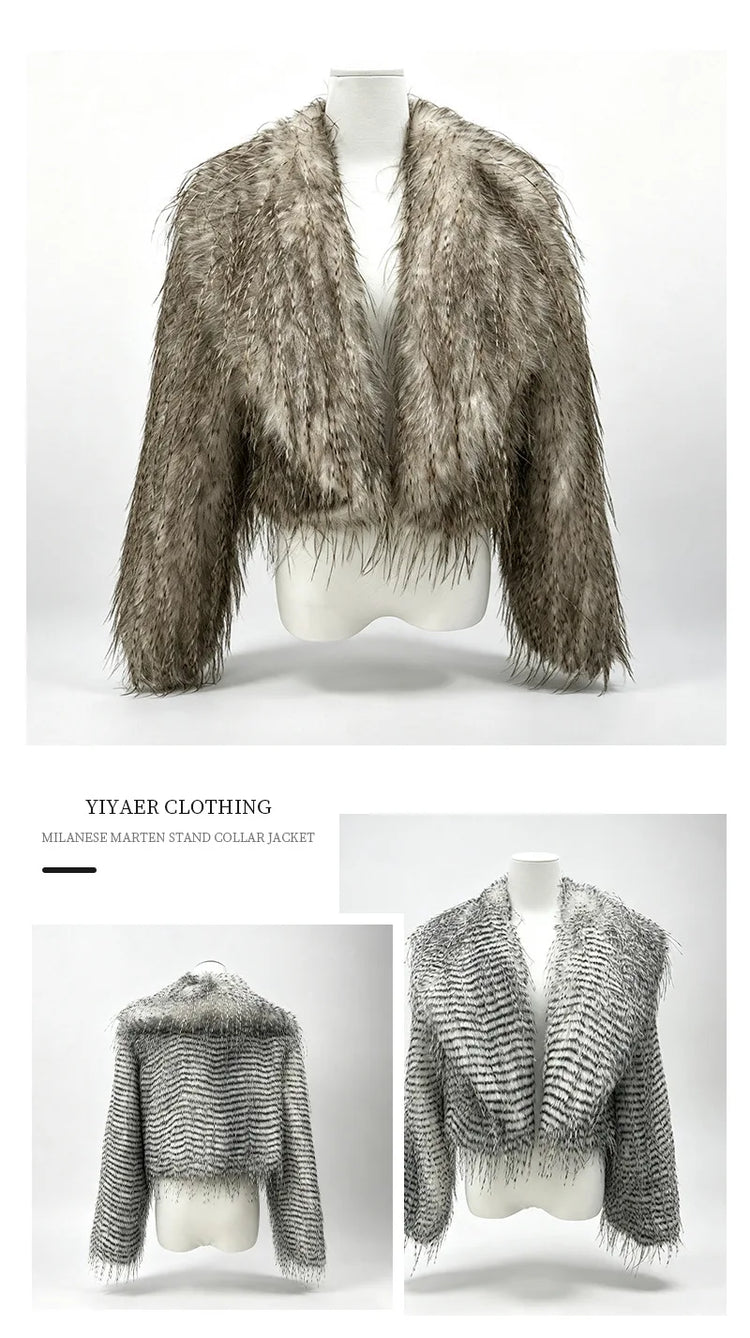 ZADORIN Elegant Big Collar Faux Canary Feathers Fluffy Faux Fur Coat Woman Cropped Fur Jacket Cardigan Winter Clothes Fur Tops