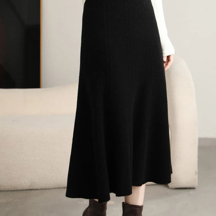 Grace Women's Skirt 100% Merino Wool Skirt Hip Hugging A-Line Wave Skirt Knitted Warm Autumn Winter Dress Slim Office Lady Skirt PlatiNum