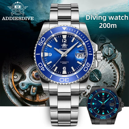 ADDIESDIVE Men Fashion Diving Mechanical Watch, Sapphire Crystal 20Bar Ceramic Bezel Super Luminous Stainless Steel Personalized