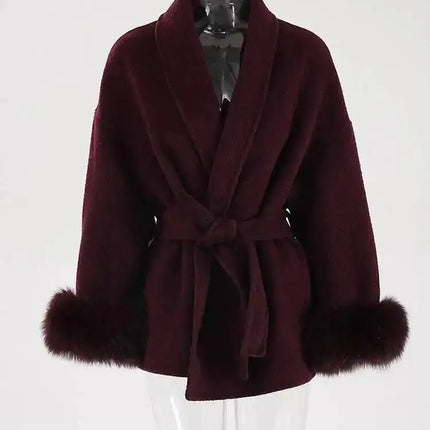 UCXQ Elegant Woolen Coat Temperament Office Lady Overcoats Fur Patchwork Long Sleeve Beautiful Women's Coats 2025 Winter New