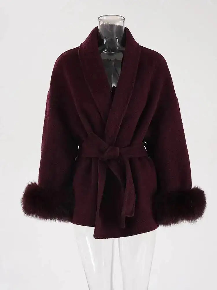 UCXQ Elegant Woolen Coat Temperament Office Lady Overcoats Fur Patchwork Long Sleeve Beautiful Women's Coats 2025 Winter New