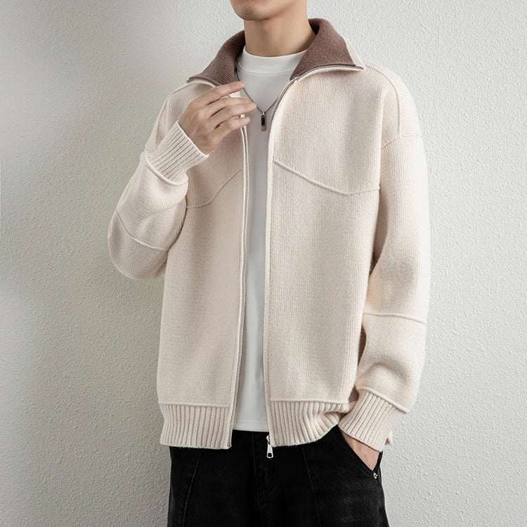 Autumn Winter Men's Sweater Zipper Cardigans Fashion Patchwork Turn Down Collar Casual Knitted Sweatercoat Men Warm Knit Jackets