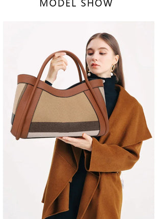 Borsa Tote in Tessuto a Righe con Bordi in Ecopelle, Manico Largo, Borsa a Spalla Grande per Uso Quotidiano e Pendolarismo