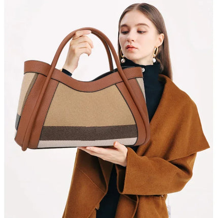 Borsa Tote in Tessuto a Righe con Bordi in Ecopelle, Manico Largo, Borsa a Spalla Grande per Uso Quotidiano e Pendolarismo