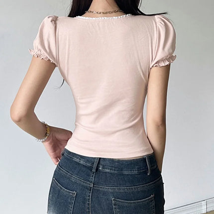 Sweet Button Up Women's Summer Top Cute Slim Fit Contrast Lace Stitching Bow Square Collar T-Shirt Y2K Korean Tees