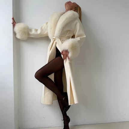 TARUXY Women Luxurious Faux Fox Fur Collar Long Jacket Elegant Solid Long-Sleeved Loose Lace Up Street Warm Coat 2026 Winter New