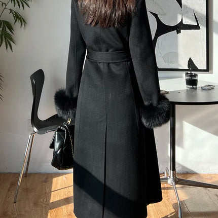 Autumn Winter Korean High-end Real Fox Fur Sleeves Women Black Slim Fit Waist Cinched Double-sided Wool Coat Long Woolen Coat