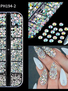 12 Grids Mixed Size Nail Rhinestones SS6 to SS30 Shiny Clear Gold Pink Blue Flat Back Glass Gems for DIY Nail Art Manicure Decoration Supply
