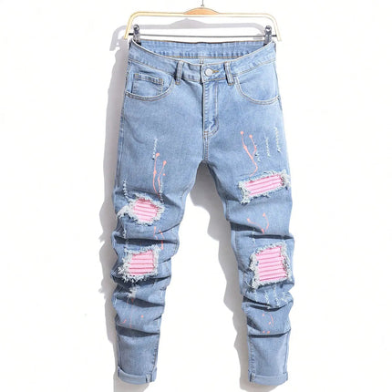 Men's Jeans Cool Ripped Skinny Trousers Stretch Slim Denim Pants Patchwork Hip Hop Black Blue Casual Jogging Jeans for Men PlatiNum