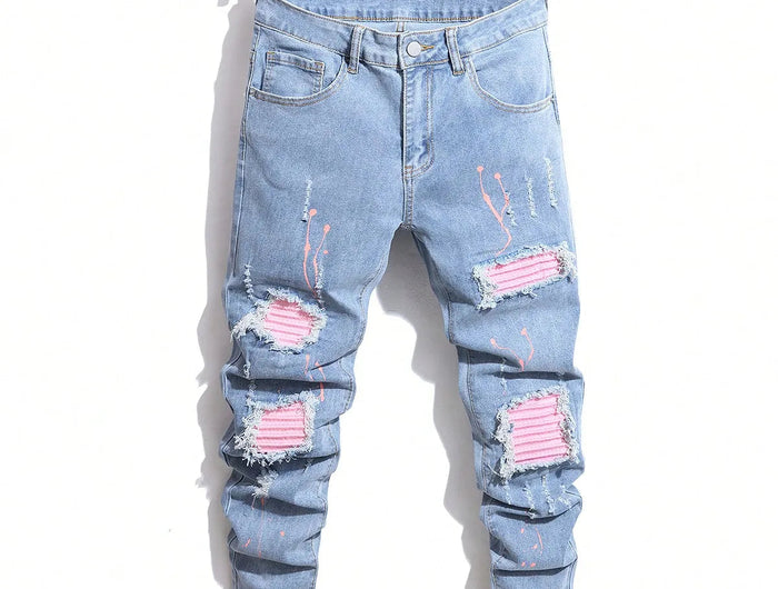 Men's Jeans Cool Ripped Skinny Trousers Stretch Slim Denim Pants Patchwork Hip Hop Black Blue Casual Jogging Jeans for Men PlatiNum
