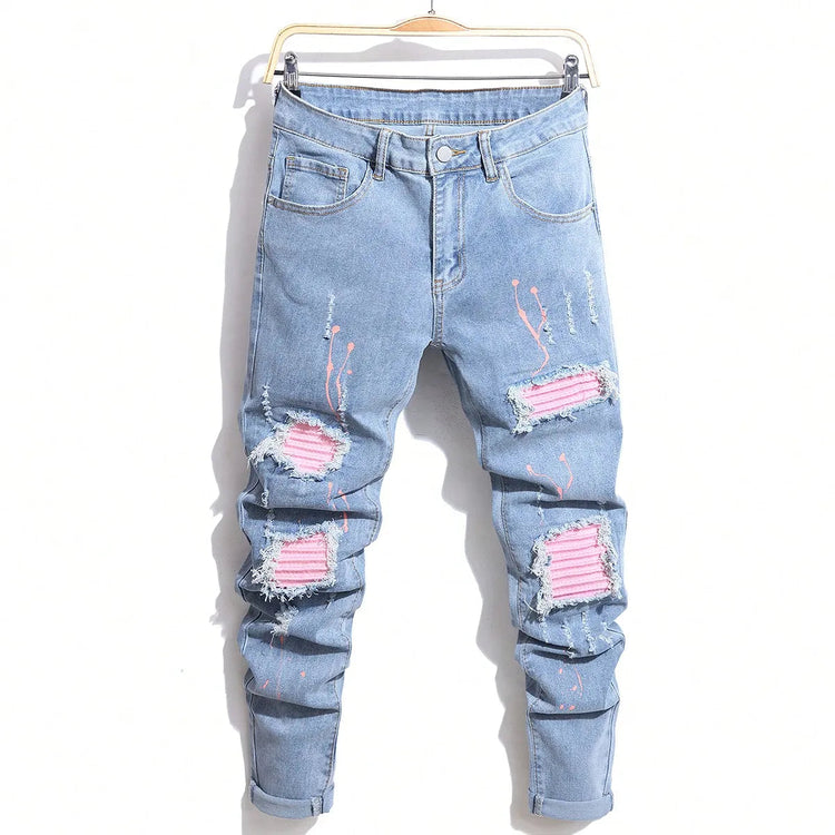 Men's Jeans Cool Ripped Skinny Trousers Stretch Slim Denim Pants Patchwork Hip Hop Black Blue Casual Jogging Jeans for Men PlatiNum