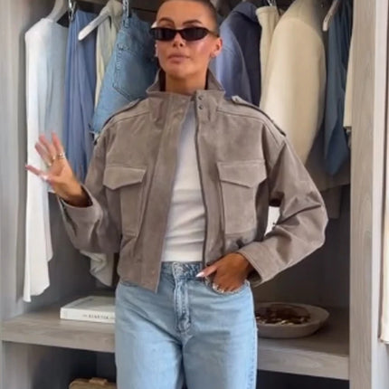 Brown Suede Leather Short Coats Women Solid Stand Collar Zipper Waist Belted Cropped Jackets 2026 Lady Autumn Y2k Casual Outwear