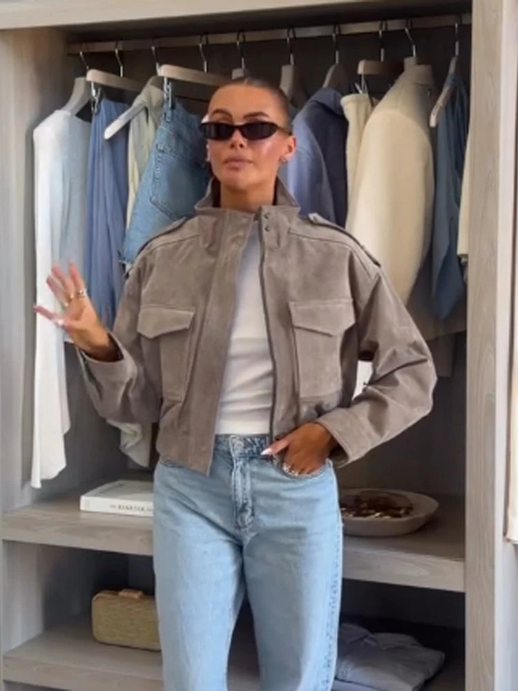 Brown Suede Leather Short Coats Women Solid Stand Collar Zipper Waist Belted Cropped Jackets 2026 Lady Autumn Y2k Casual Outwear